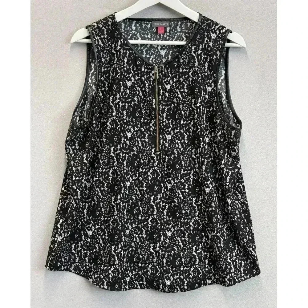 Vince Camuto Women's Sz L Sleeveless Black‎ White Floral Lace Print Zip Tank Top